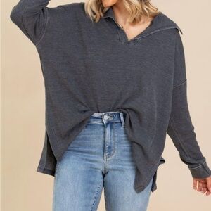 Mono B Charcoal Gray  Long Sleeve Waffle knit Top